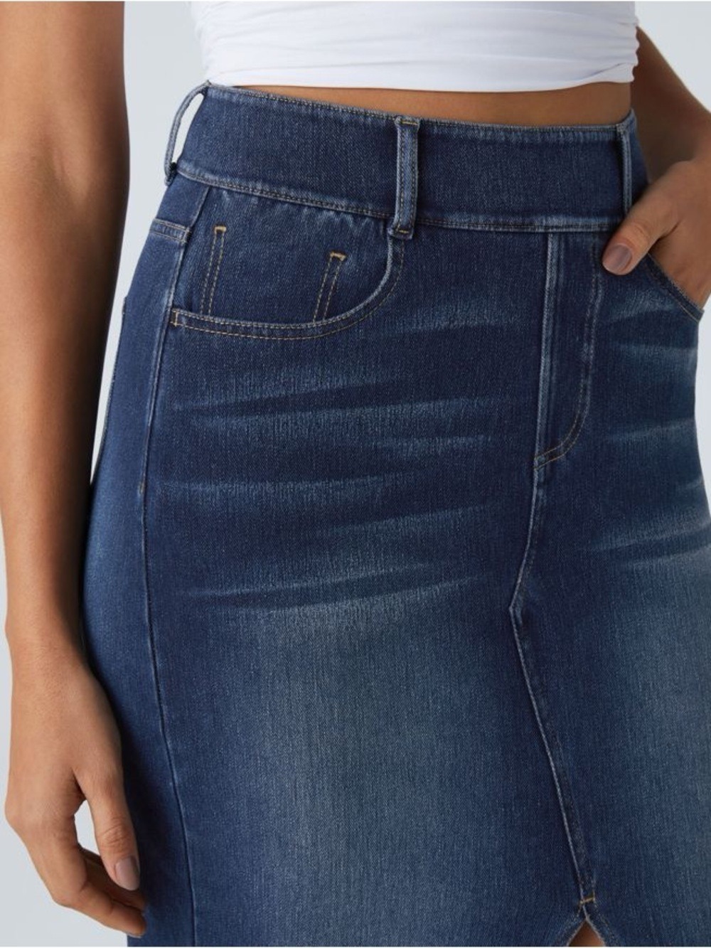 Halara Flex High Waisted Bodycon Denim Midi Skirt Pockets - Picture 4 of 9